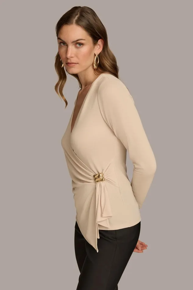 Women Sweaters And Tops Donna Karan V NECK TOP WITH HARDWARE Biscotti
