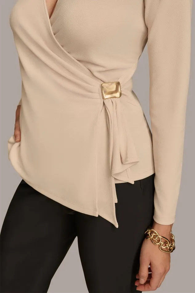 Women Sweaters And Tops Donna Karan V NECK TOP WITH HARDWARE Biscotti