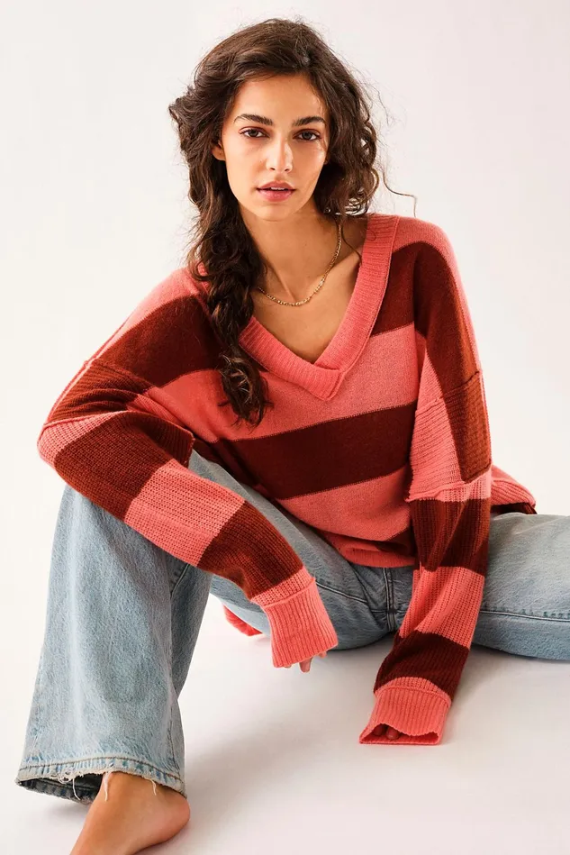 Women Sweaters Free People Think Of You Stripe Cashmere Tunic Grapefruit Spice