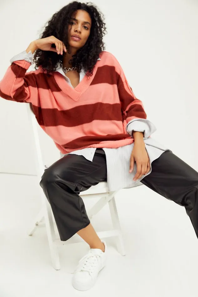 Women Sweaters Free People Think Of You Stripe Cashmere Tunic Grapefruit Spice