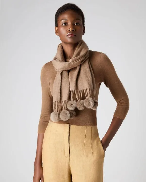 Women Women039s Fur Bobble Woven Cashmere ScarfIn Dark Tan Brown Dark Tan Brown NPeal Cashmere Scarves