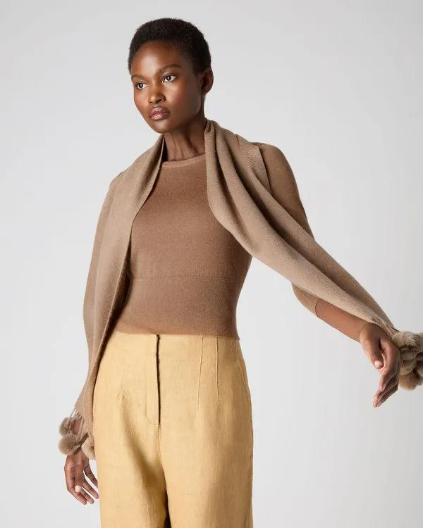 Women Women039s Fur Bobble Woven Cashmere ScarfIn Dark Tan Brown Dark Tan Brown NPeal Cashmere Scarves