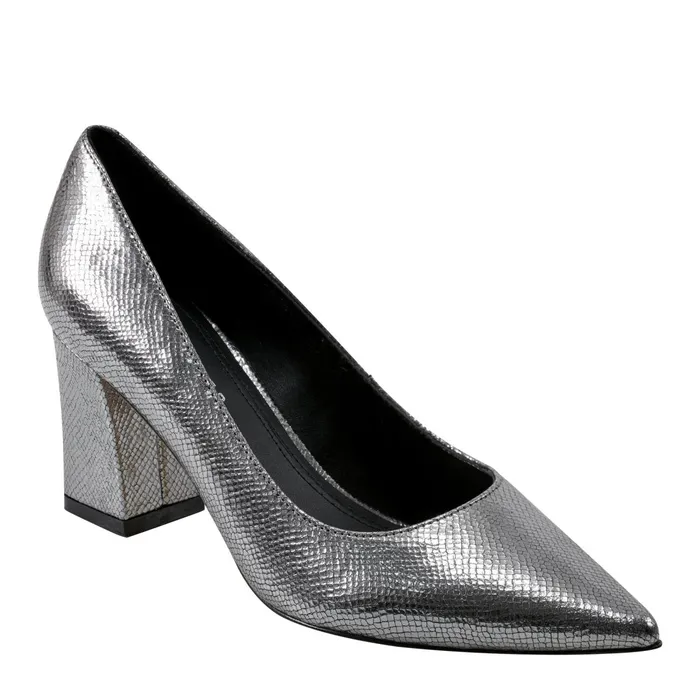 Women Zala Block Heel Pointy Toe Pump Pewter Leather Marc Fisher Heels and Pumps
