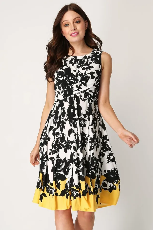 Yellow Floral Contrast Fit And Flare Skater Dress Women Roman Dresses
