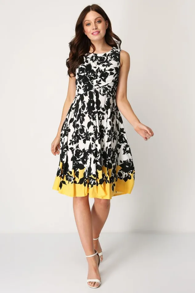 Yellow Floral Contrast Fit And Flare Skater Dress Women Roman Dresses
