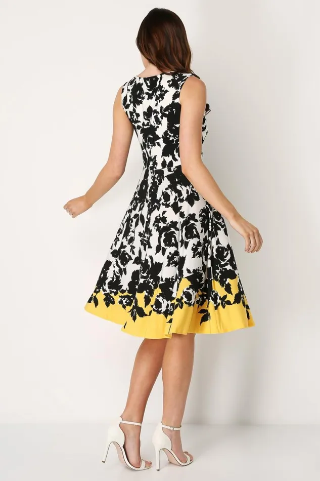 Yellow Floral Contrast Fit And Flare Skater Dress Women Roman Dresses