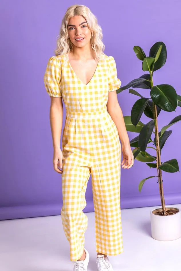 Yellow Gingham Check Jumpsuit Women Roman Jumpsuits and Playsuits