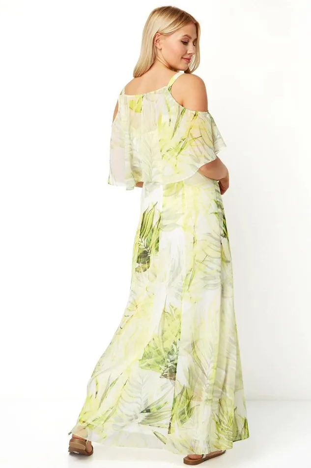 Yellow Leaf Print Cold Shoulder Chiffon Maxi Dress Women Roman Dresses