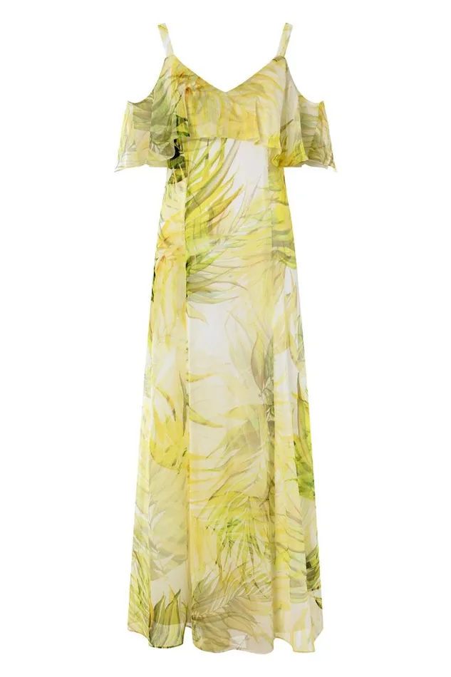 Yellow Leaf Print Cold Shoulder Chiffon Maxi Dress Women Roman Dresses