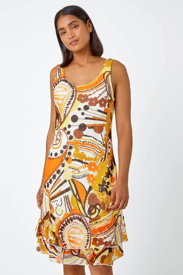 Yellow Sleeveless Cotton Abstract Print Dress Women Roman Dresses