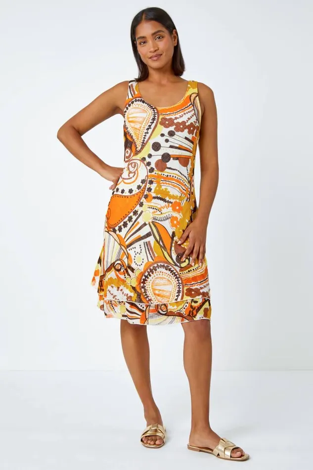 Yellow Sleeveless Cotton Abstract Print Dress Women Roman Dresses