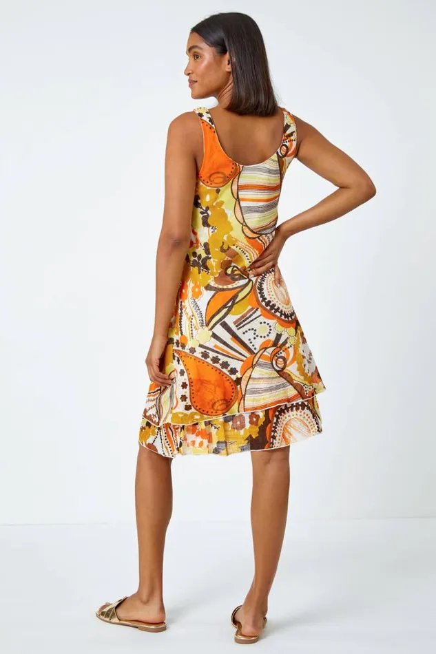 Yellow Sleeveless Cotton Abstract Print Dress Women Roman Dresses