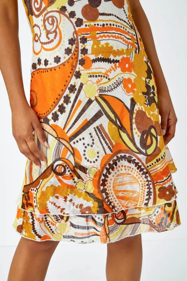 Yellow Sleeveless Cotton Abstract Print Dress Women Roman Dresses